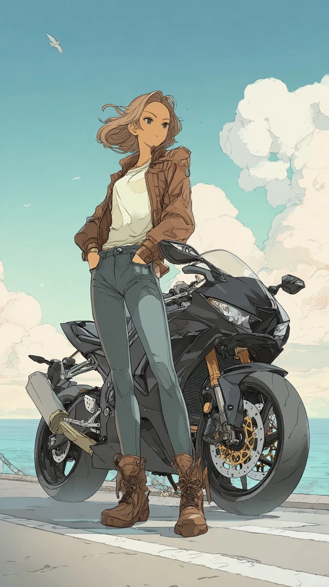 Anime Biker Girl with Motorcycle Seaside Illustration