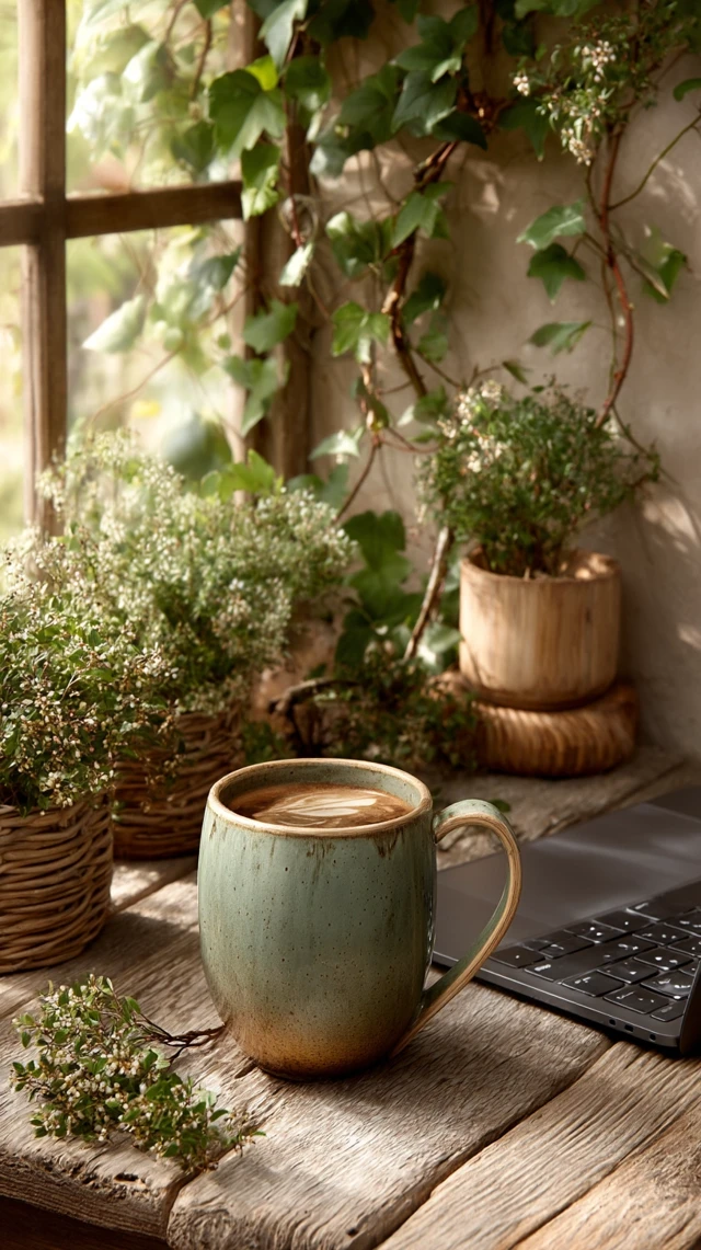 Green Workspace with Laptop and Plants