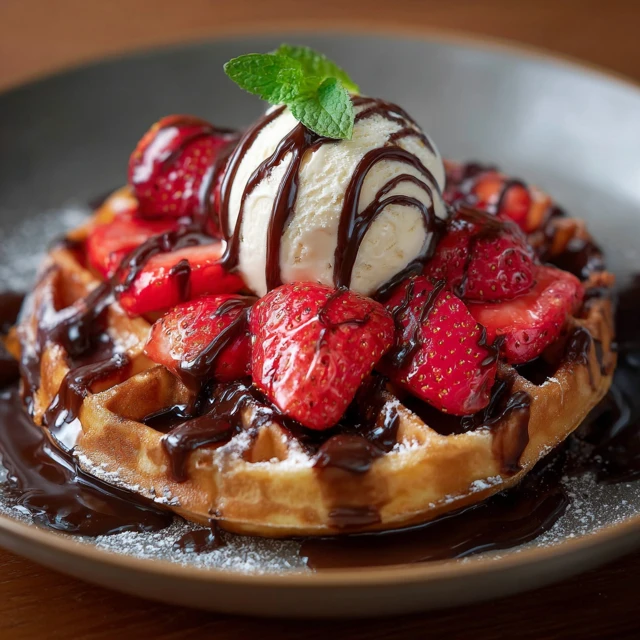 Delicious Waffle with Chocolate Strawberries and Ice Cream