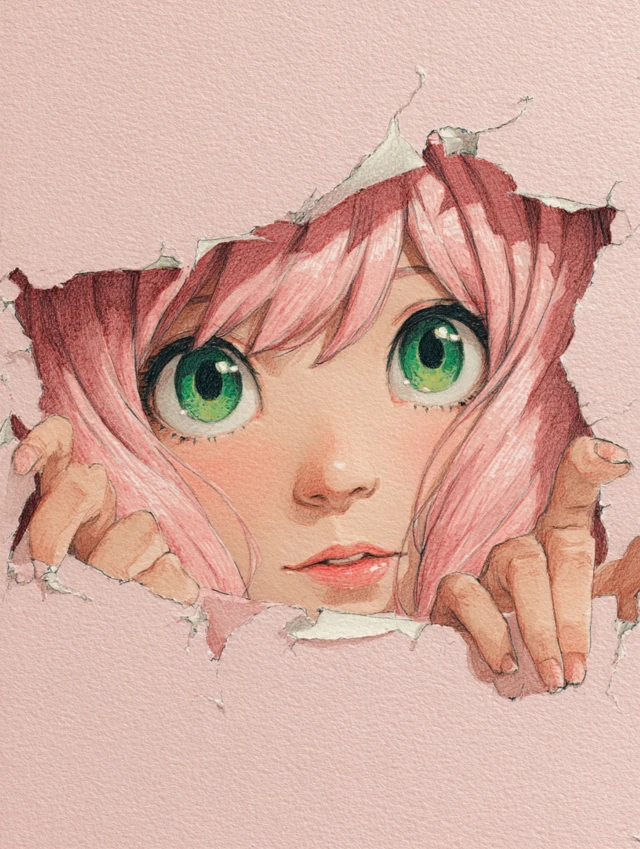 Anya Spy Family Peeking Through Paper Colored Pencil Drawing