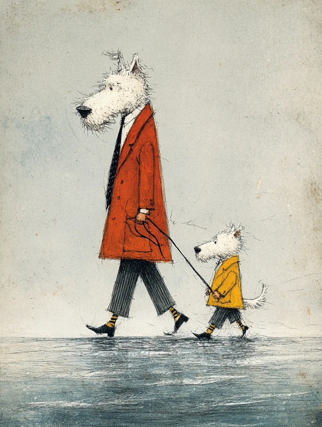 Dog Father and Son Walk Illustration Art