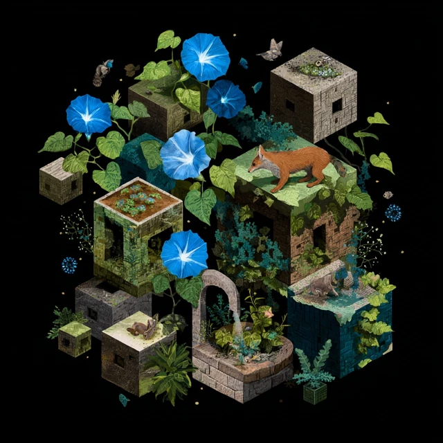 Collage Art of Cubic Worlds with Animals and Flowers