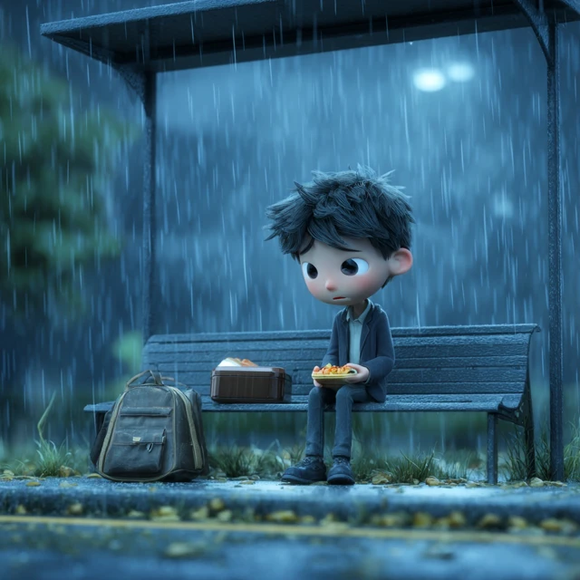 Sad Korean Schoolboy in Rain 3D Cartoon