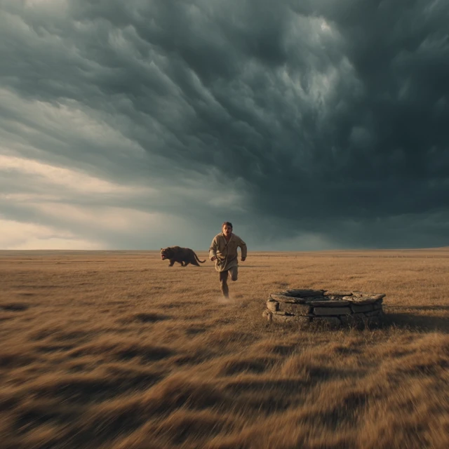 Terrified Traveler Russian Steppe Chased by Beast
