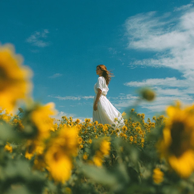 Woman in Sunflower Field Sunshine and Blue Sky