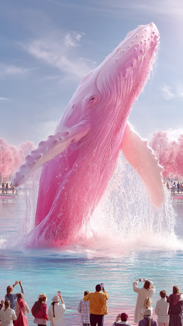 Pink Whale Breaching Lake, Chinese Crowd