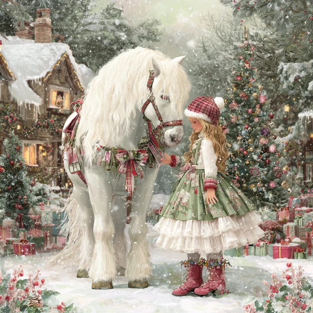 Christmas Countryside Scene Girl and White Horse