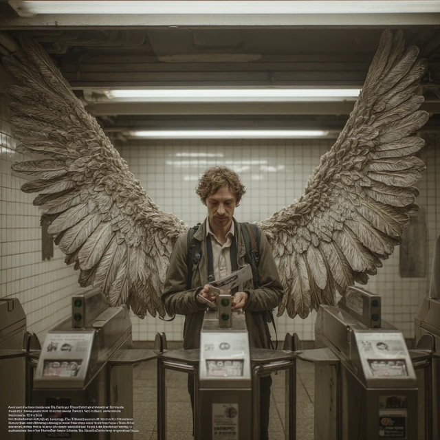 Winged Man Subway Scene Surreal Art