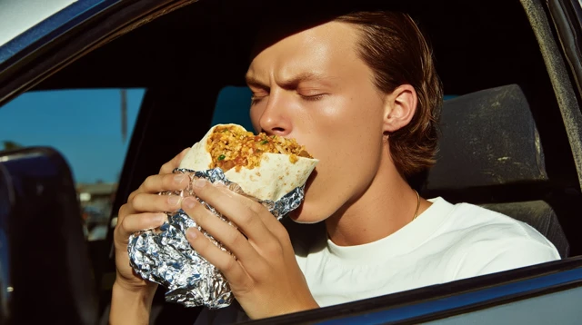 Young Man Eating Burrito in Car Photography