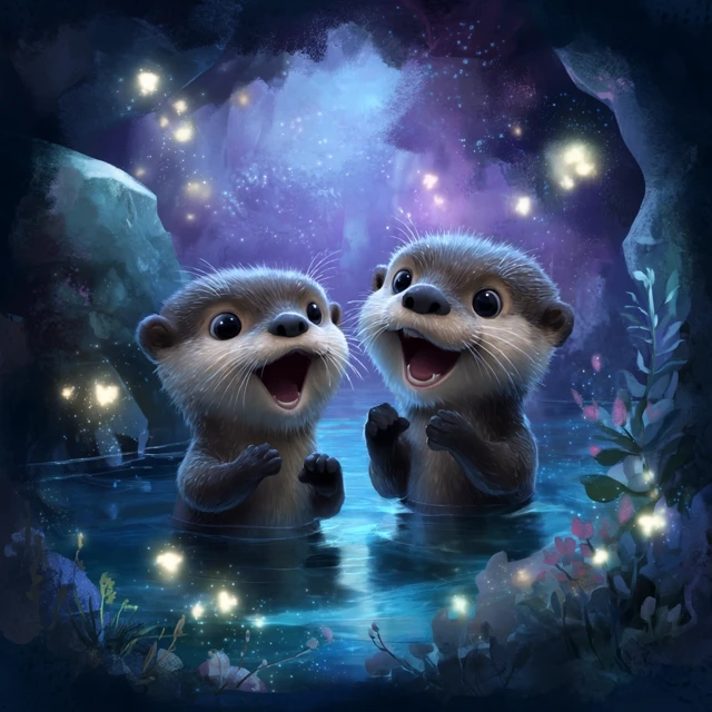 Cute Otters Under Moonlight Childrens Book Illustration