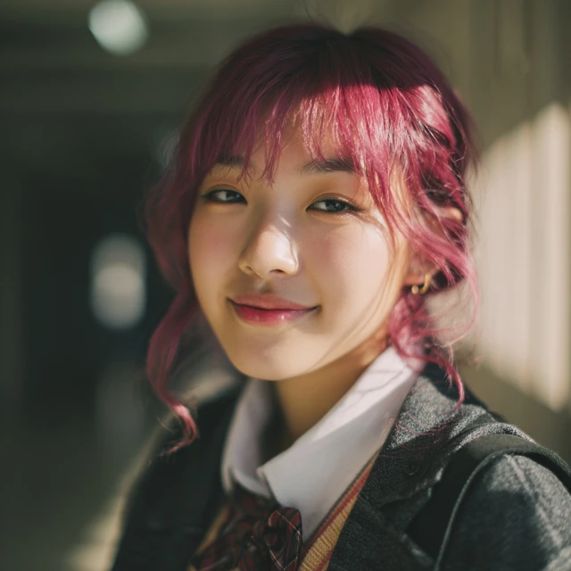 Korean High School Girl Portrait Magenta Hair Smile