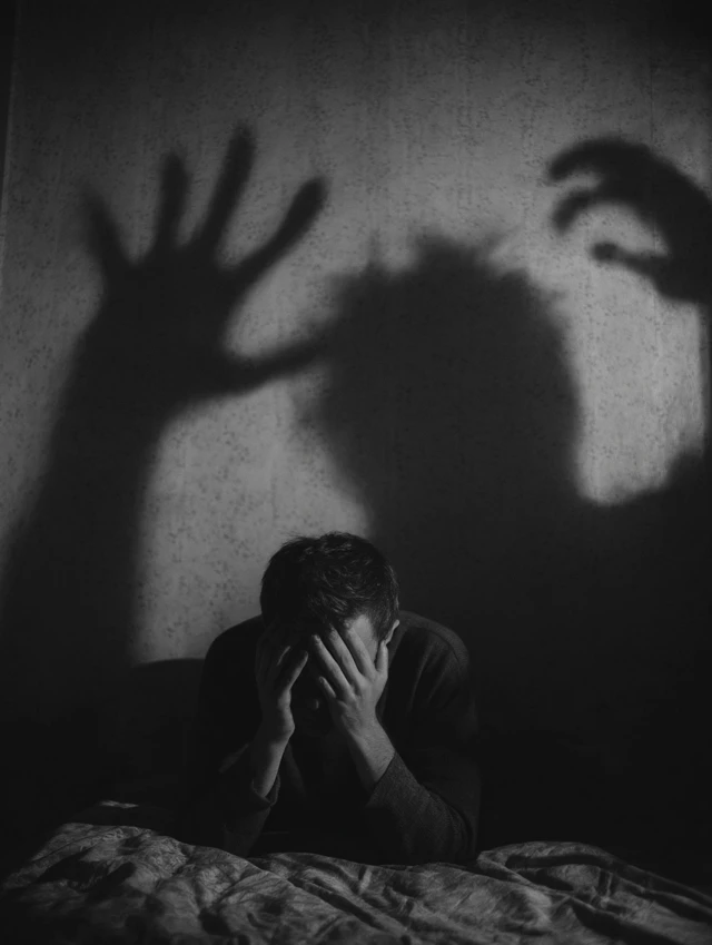 Man Overwhelmed by Shadow Anxiety and Fear