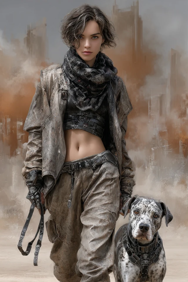 Post Apocalyptic Woman and Dog Cityscape