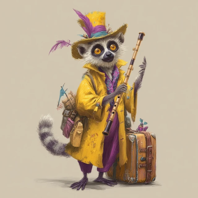 Whimsical Lemur Adventurer with Flute Illustration