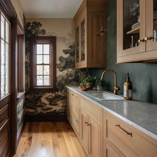 Elegant Pantry Design with Forest Wallpaper