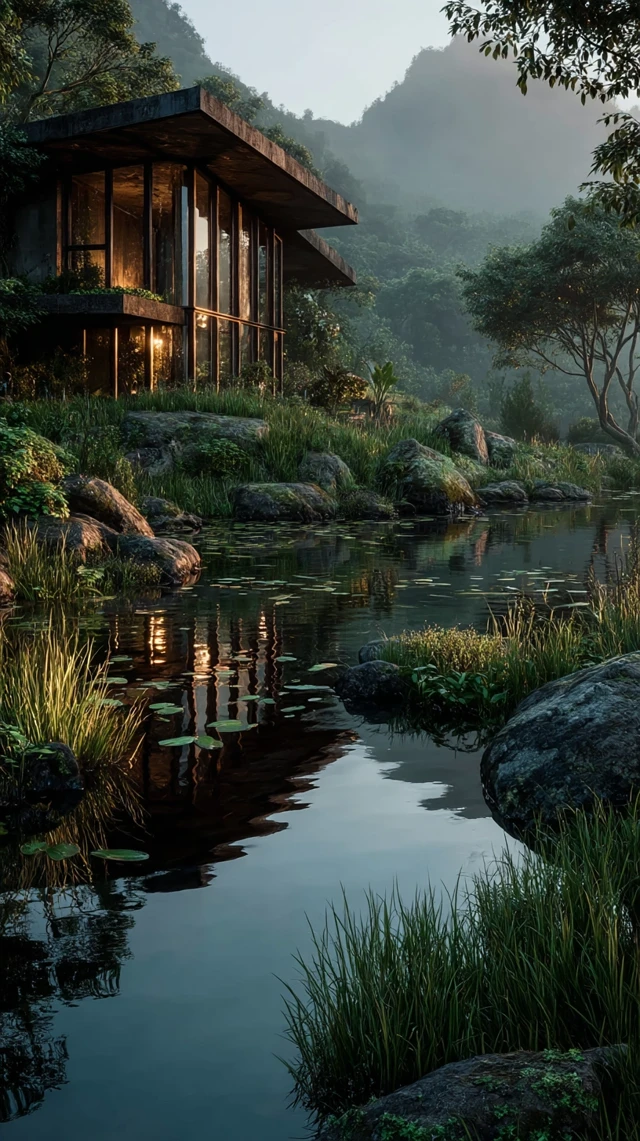 Minimalist Wooden Villa Reflection on Hidden Lake