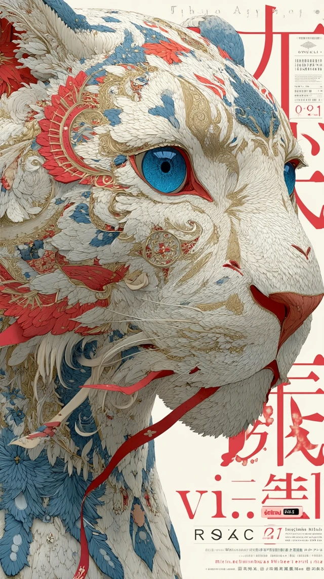 Anime Leopard Illustration with Red Ribbons and Calligraphy