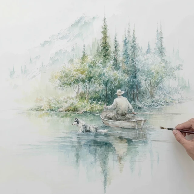 Watercolor Fishing Scene Man Dog Mountain Lake