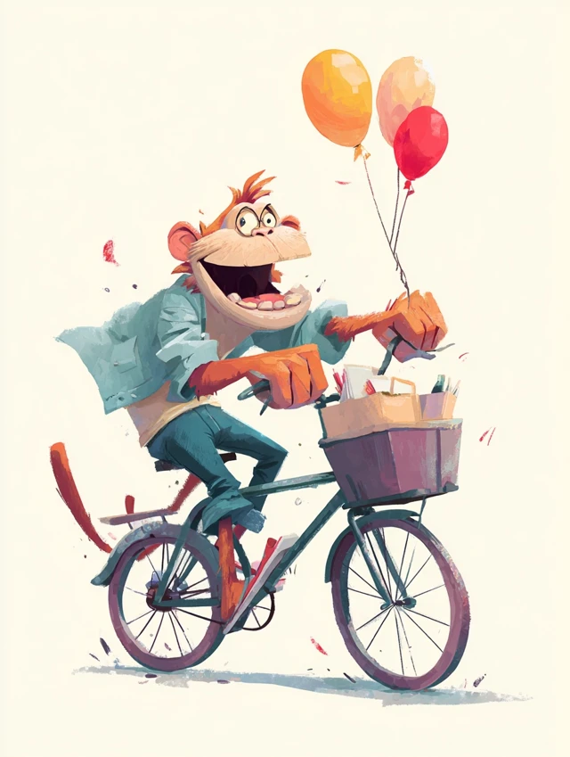 Monkey Riding Bike Funny Illustration