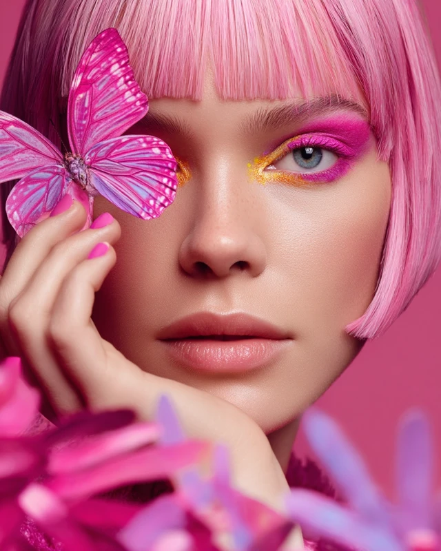 Pink Butterfly and Woman Fashion Photography