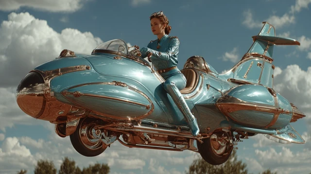 Retro Futuristic Girl Flying Aero Machine