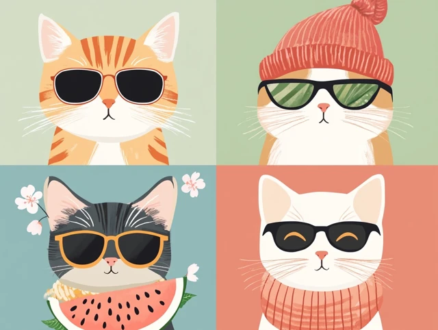 Seasonal Cats Spring Summer Autumn Winter Art
