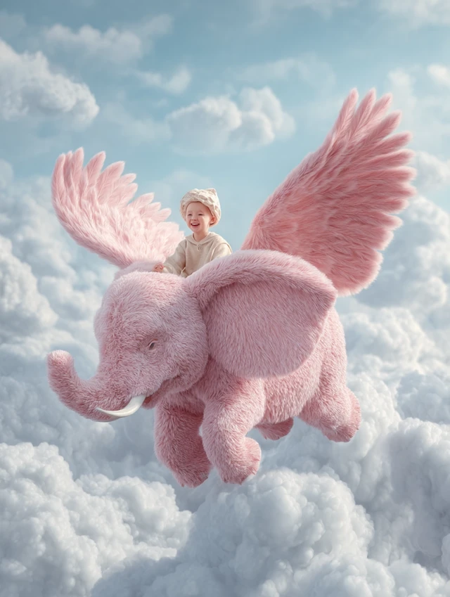 Baby Riding Flying Elephant in the Sky
