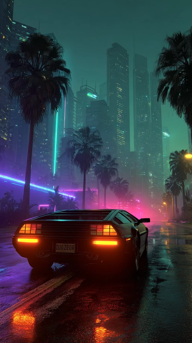 Futuristic DeLorean in Neon Cityscape