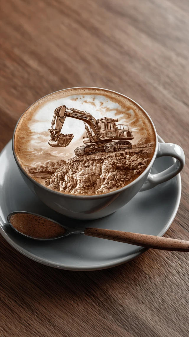 Latte Art Excavator Coffee Cup Design