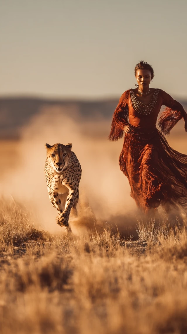 Cheetah and Woman: Power Unleashed on Golden Plains