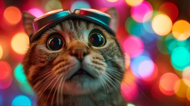 Surprised Cat in VR Headset Colorful Lights
