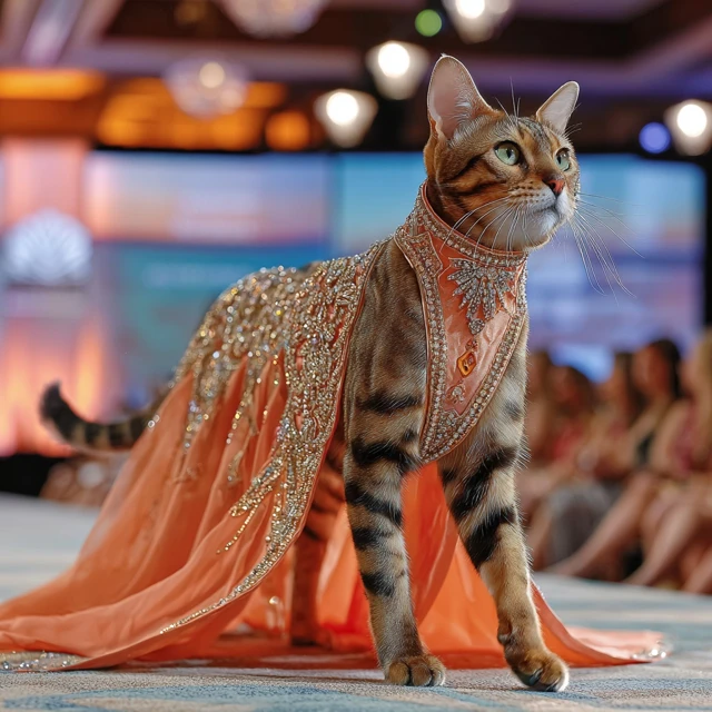 Bengal Cat in Couture Gown on the Runway