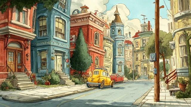 Cartoon Street Scene Watercolor Style
