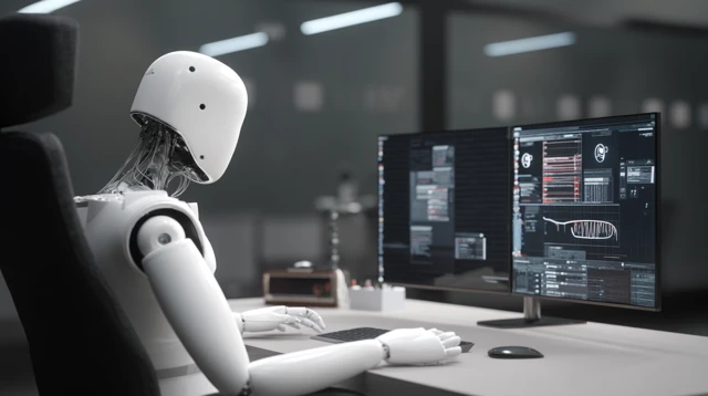 AI Agent Robot Working at Data Workstation