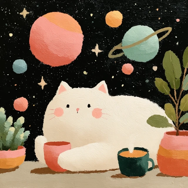 Dreamy Cat in Space with Tea