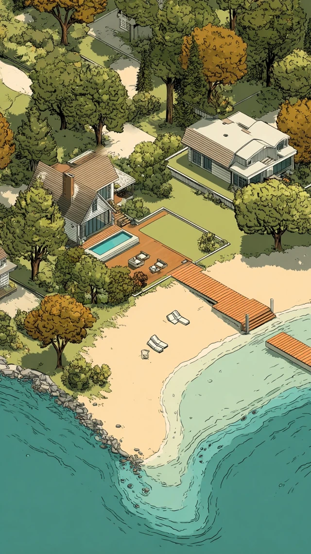 Beachfront Homes and Beach Illustration in Daylight
