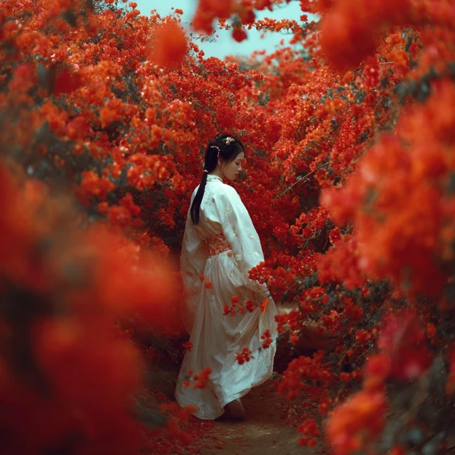 Chinese Girl in a Flower Field Photo