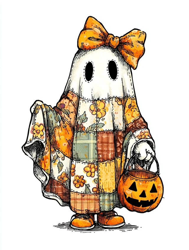 Cute Patchwork Ghost Halloween Illustration