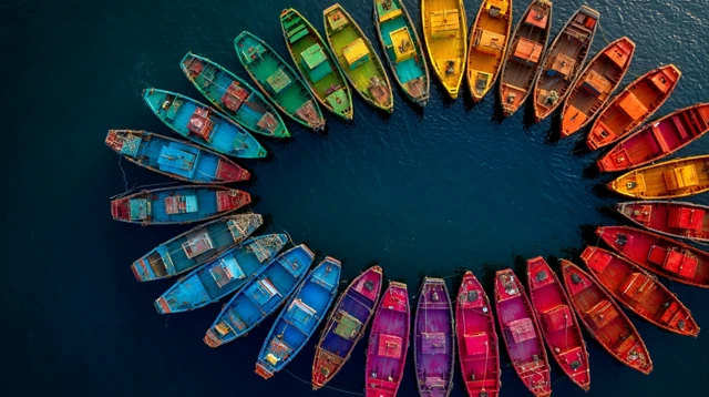 Fishing Boats Circle at Sea - Colorful Aerial Photography