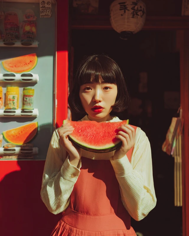 Japanese Portrait Eating Watermelon Color Photography