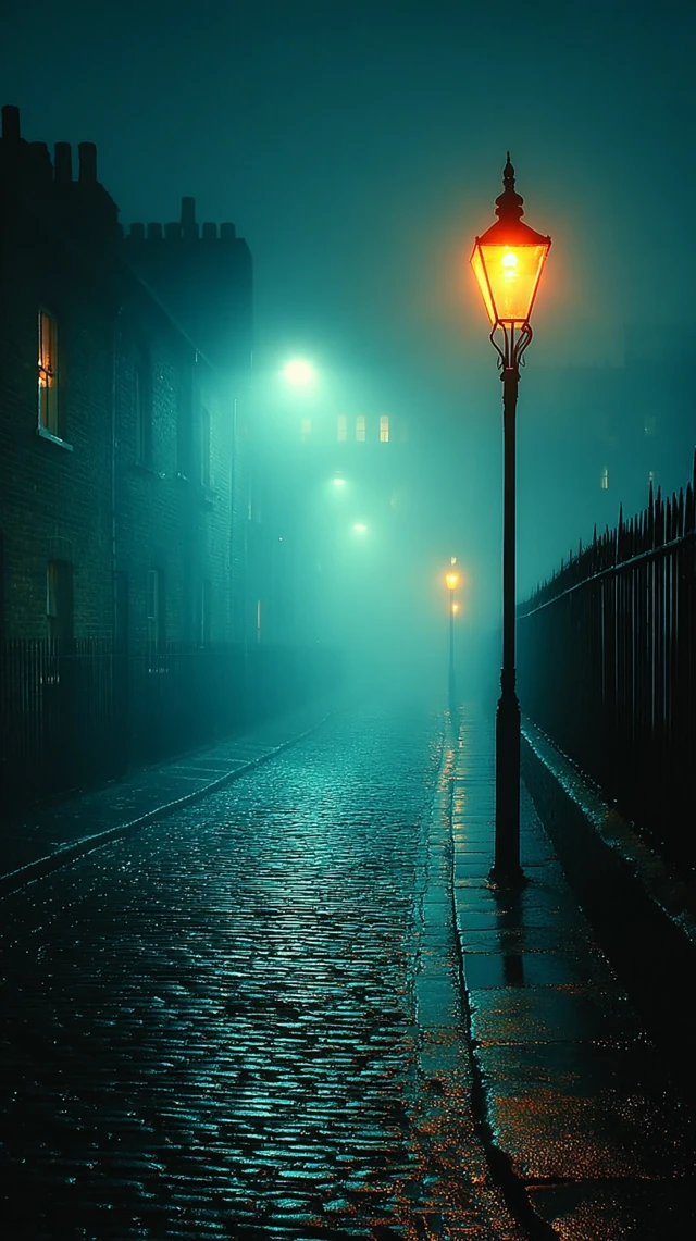 Victorian London Alley Cinematic Scene Foggy Street Lights