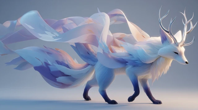 Ethereal 3D Fox with Antlers and Flowing Ribbons