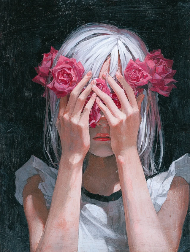 White Haired Girl with Roses Oil Painting Portrait