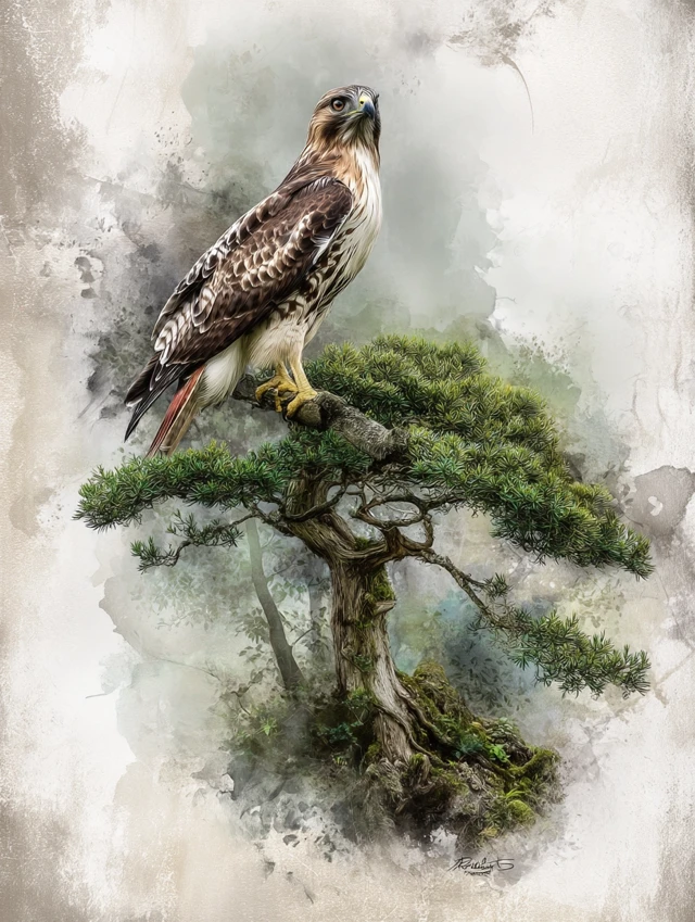 Red Tail Hawk Perched on a Cedar Tree