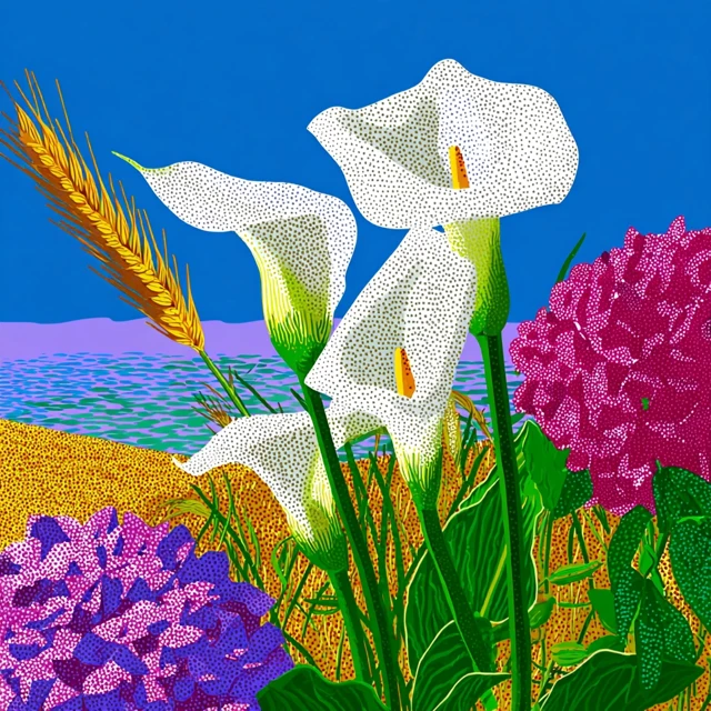 Calla Lilies Hydrangeas Wheat Fields David Hockney Style