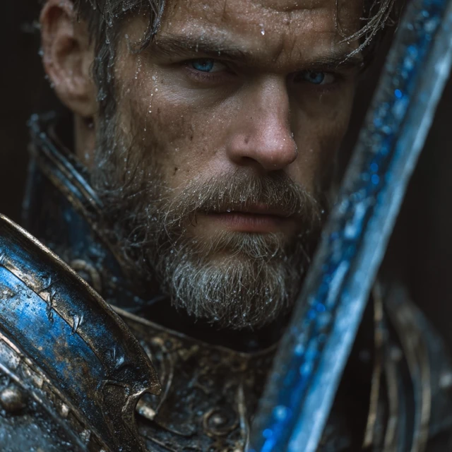 Handsome Knight with Glowing Sword in Gothic Village