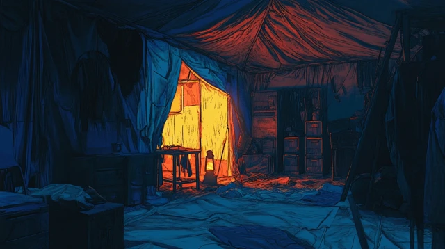 Cyberpunk Refugee Camp Tent Night Illustration