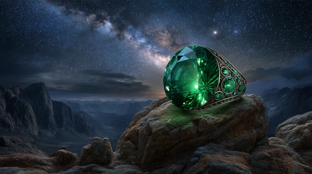Green Sapphire Gem in Cosmic Night Sky
