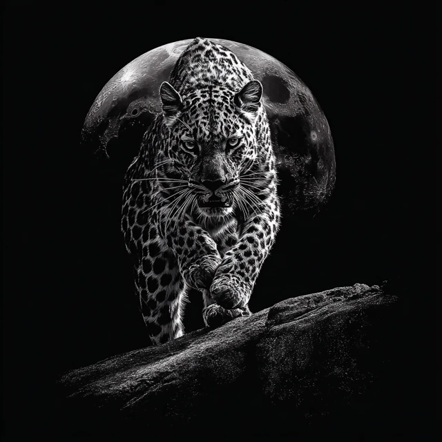 Leopard Leaping Silhouette Moon Black and White