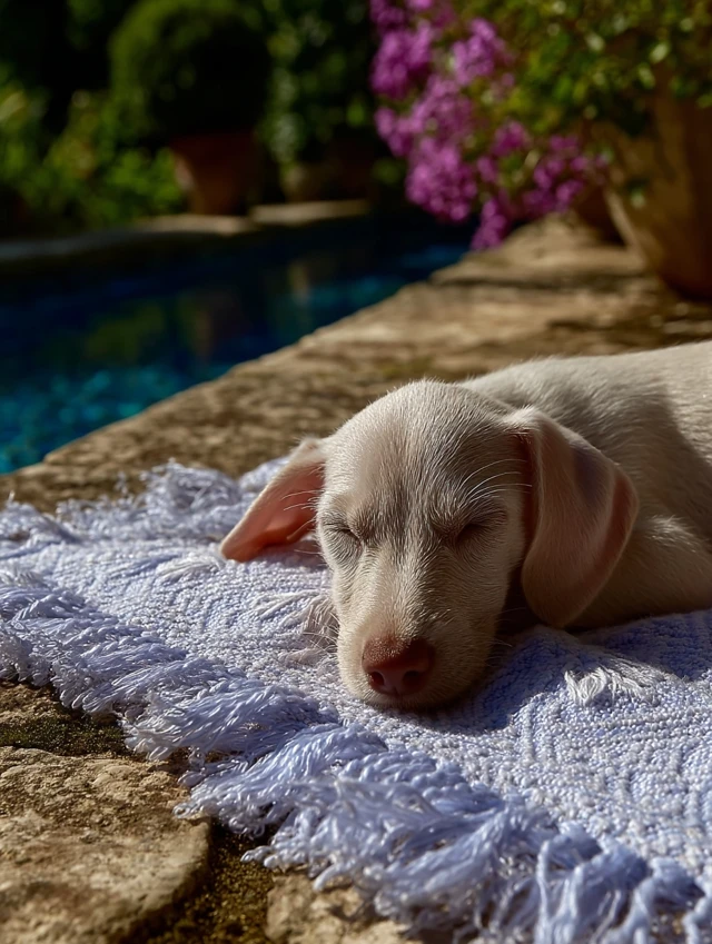 Sleeping Puppy by the Pool: Gentle Snooze in the Sun